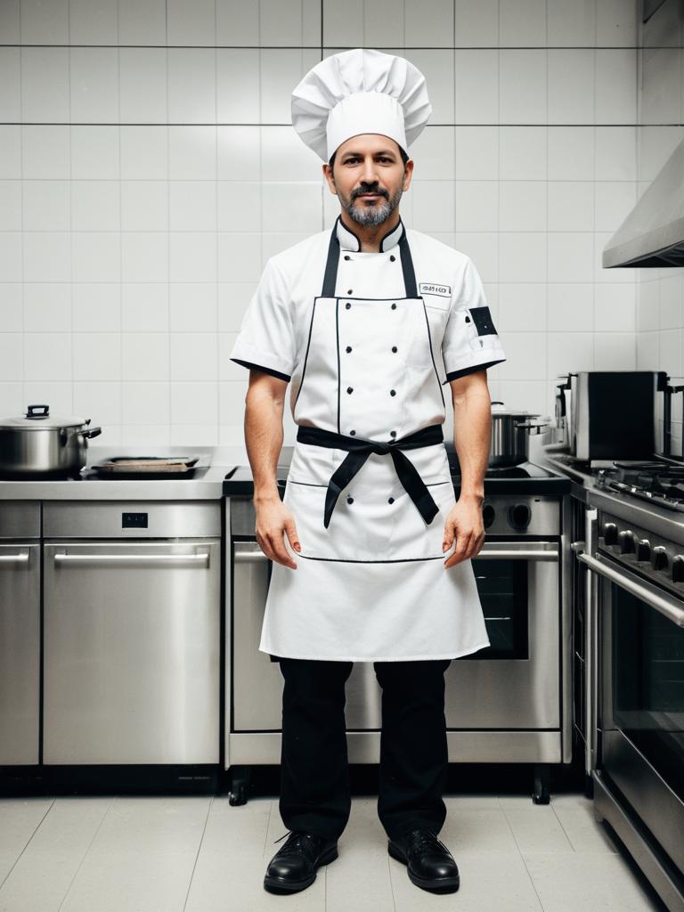 Man in Chef Costume with Apron and Hat in Professional Kitchen