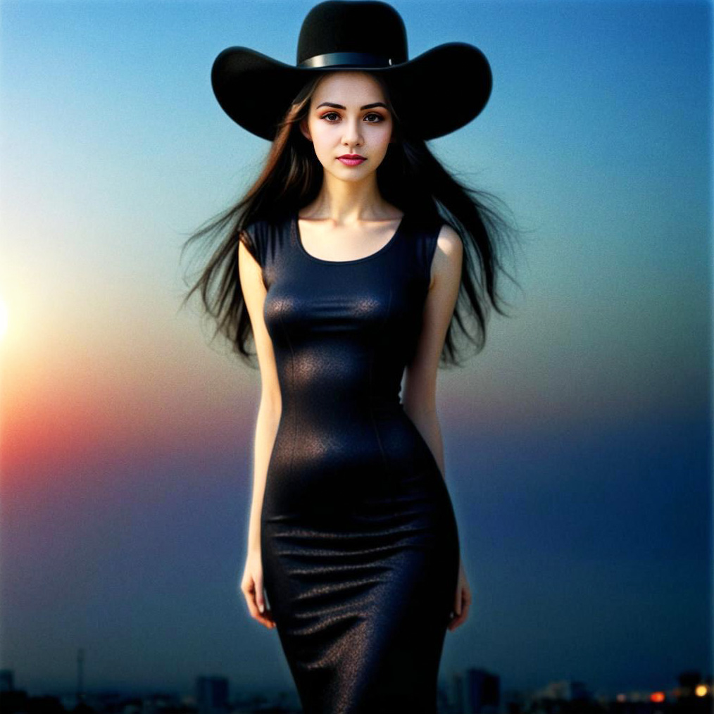 Stylish Woman in Black Dress with Dramatic Hat at Sunset