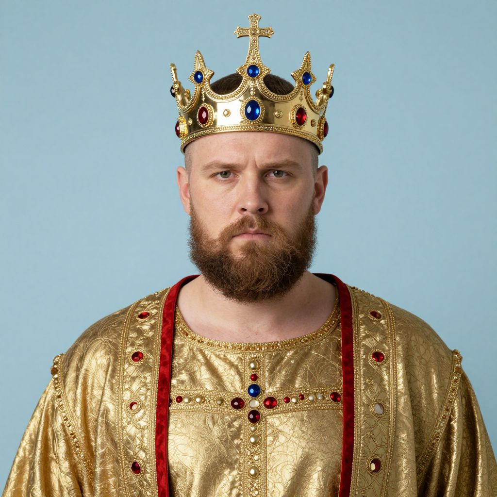 Bearded Man Wearing Golden King Crown and Ornate Robe