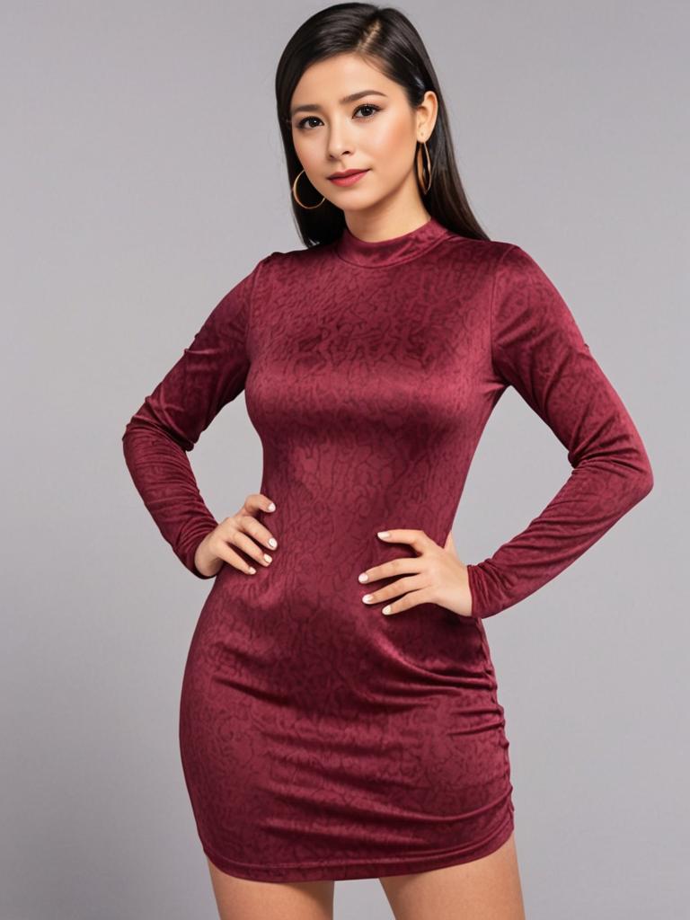 Chic Burgundy Long-Sleeve Dress Model