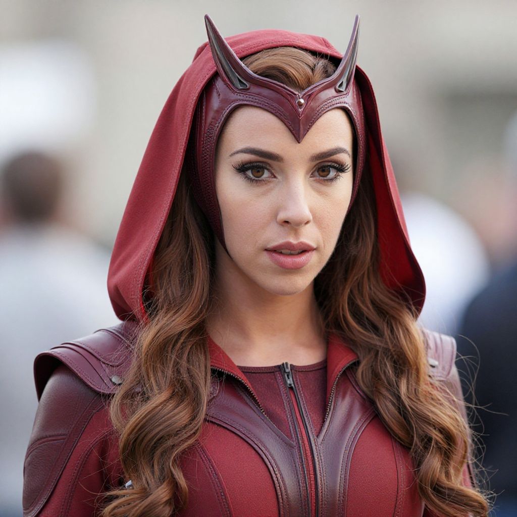 Scarlet Witch Woman in Red Costume Close-Up Portrait