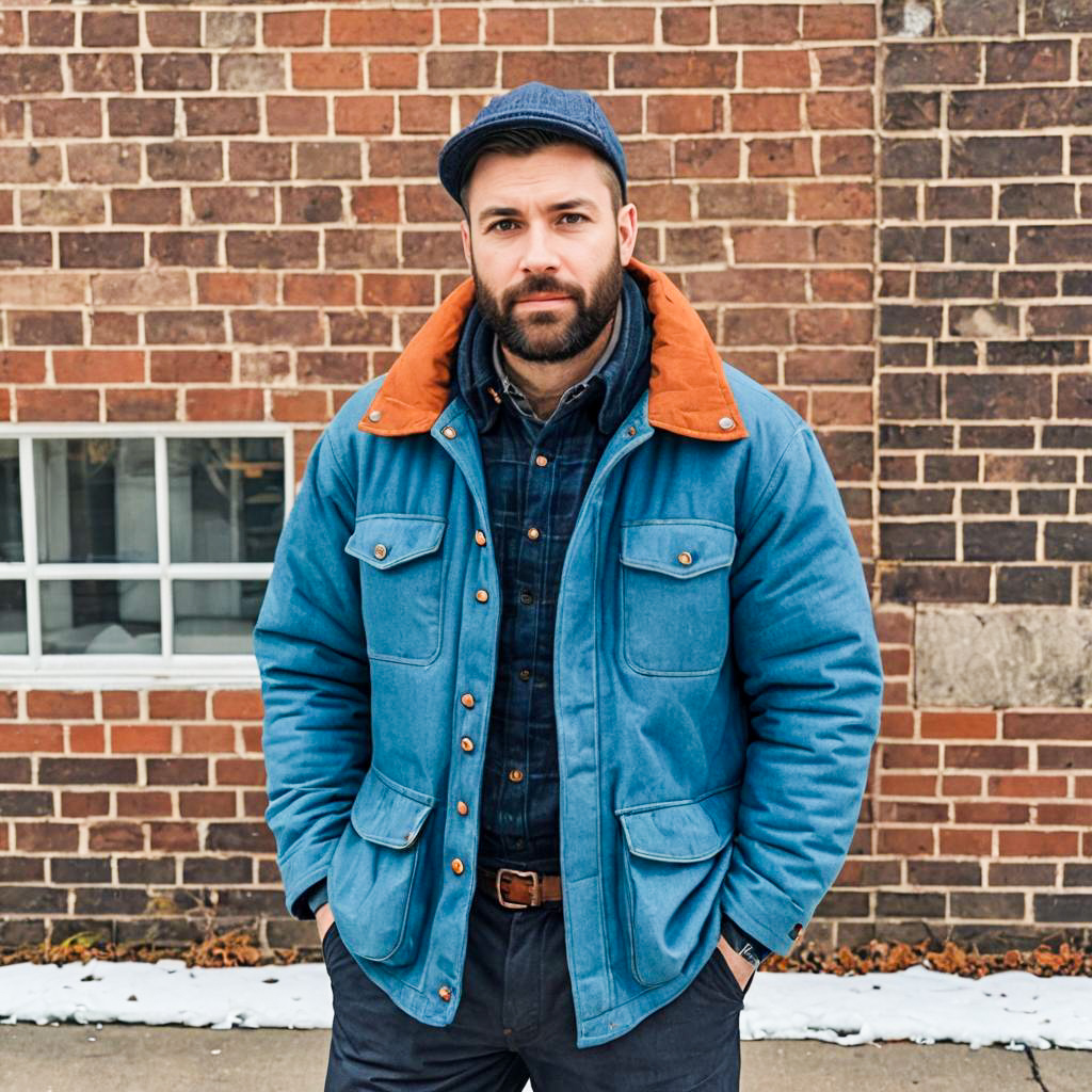Man Wearing Blue Jacket and Denim Cap Standing by Brick Wall