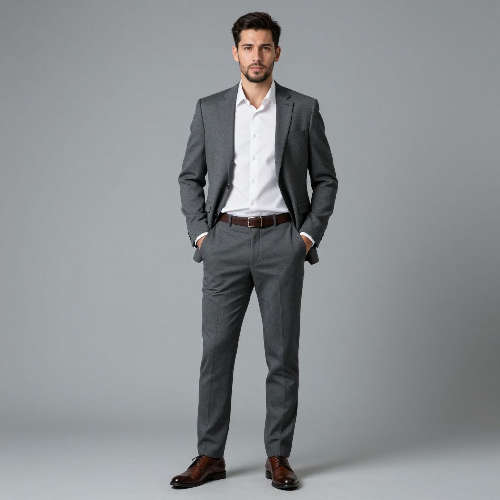Confident Man in Modern Gray Suit and White Shirt on Gray Background