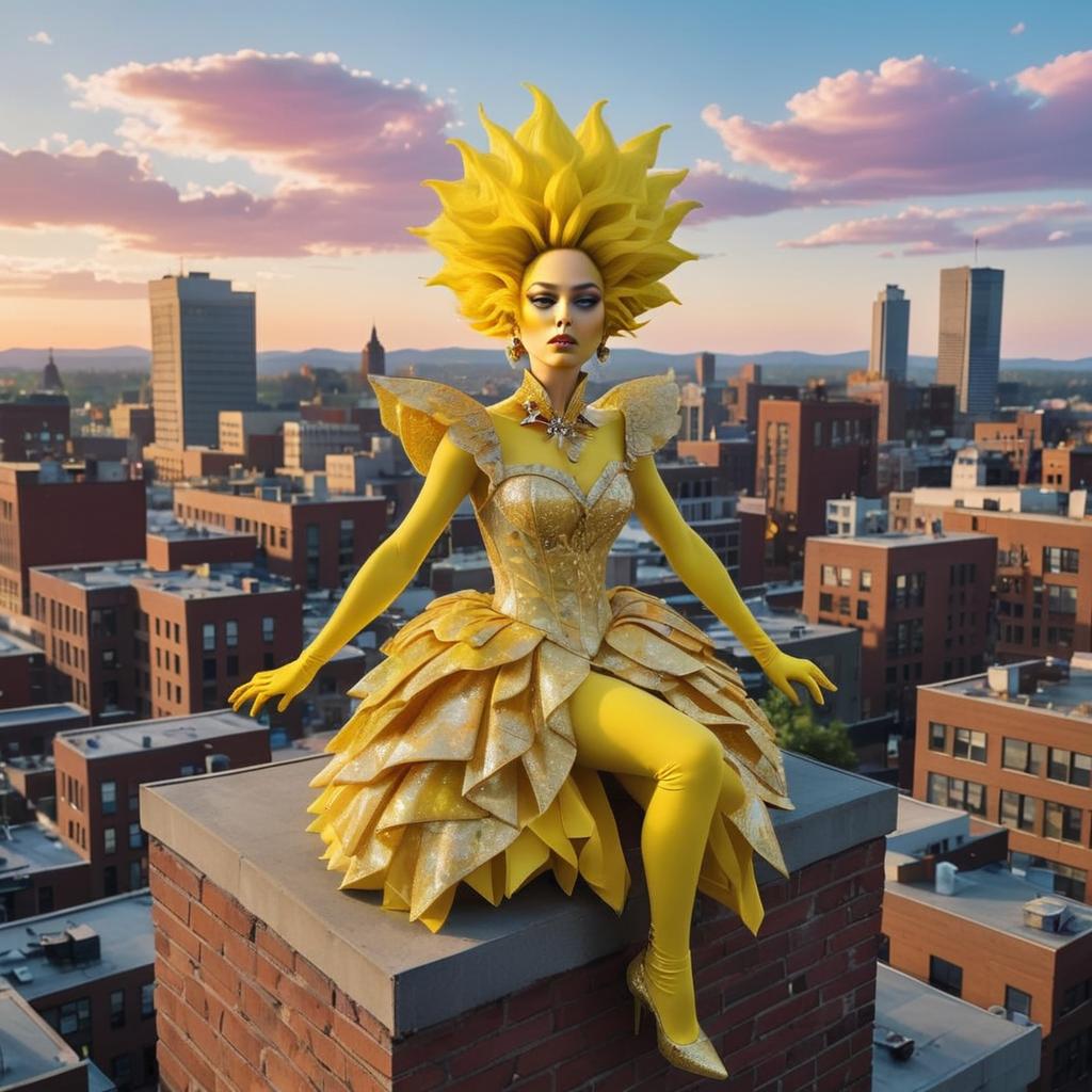 Woman in Golden Yellow Gown on Rooftop at Sunset Woman in Golden Yellow Gown on Rooftop at Sunset