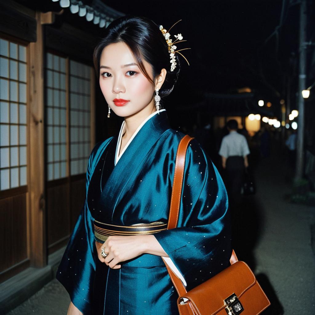 Elegant Woman Wearing Teal Kimono with Brown Handbag in Traditional Japanese Night Setting