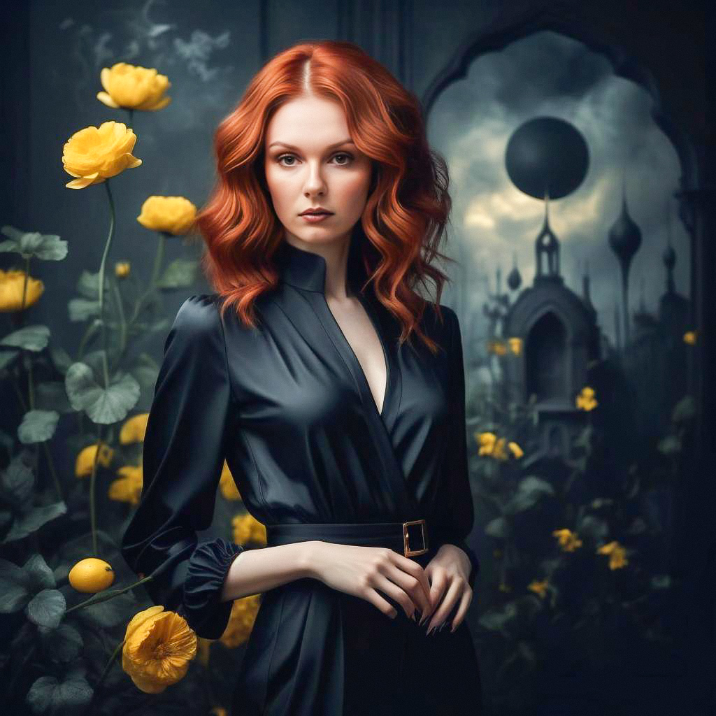 Enchanting Portrait of Woman with Red Hair in Black Outfit Amidst Yellow Flowers Enchanting Portrait of Woman with Red Hair in Black Outfit Amidst Yellow Flowers