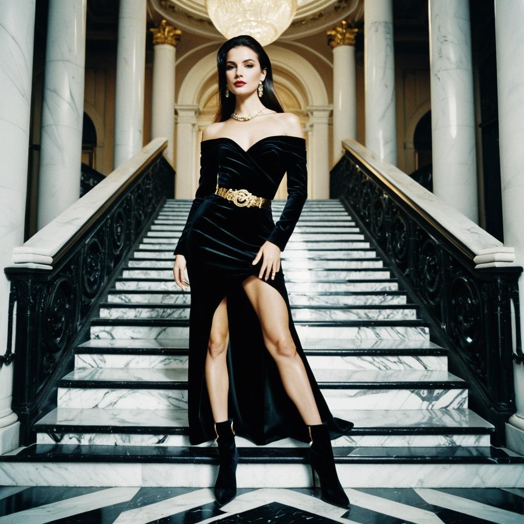 Elegant Woman in Black Velvet Gown on Marble Staircase in Luxurious Setting