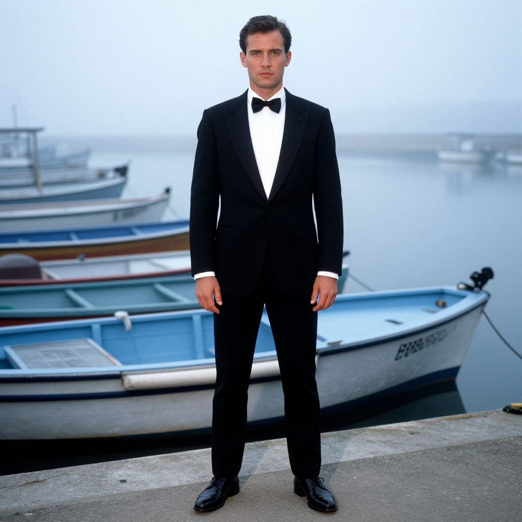 Man in Classic Black Tuxedo Standing by Boats at Serene Marina