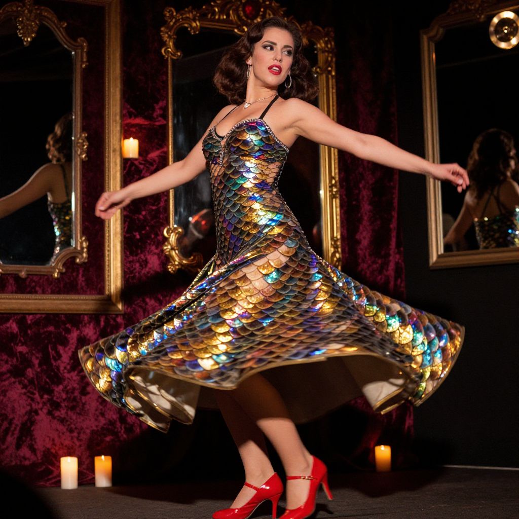 Woman Twirling in Iridescent Mermaid Scale Dress with Retro Glamour
