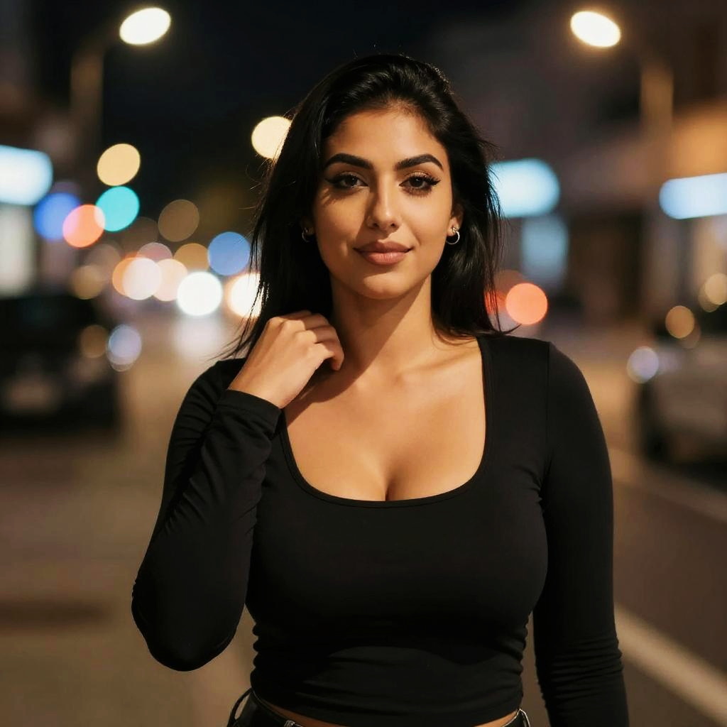 Stylish Young Woman at Night with Urban Bokeh Lights