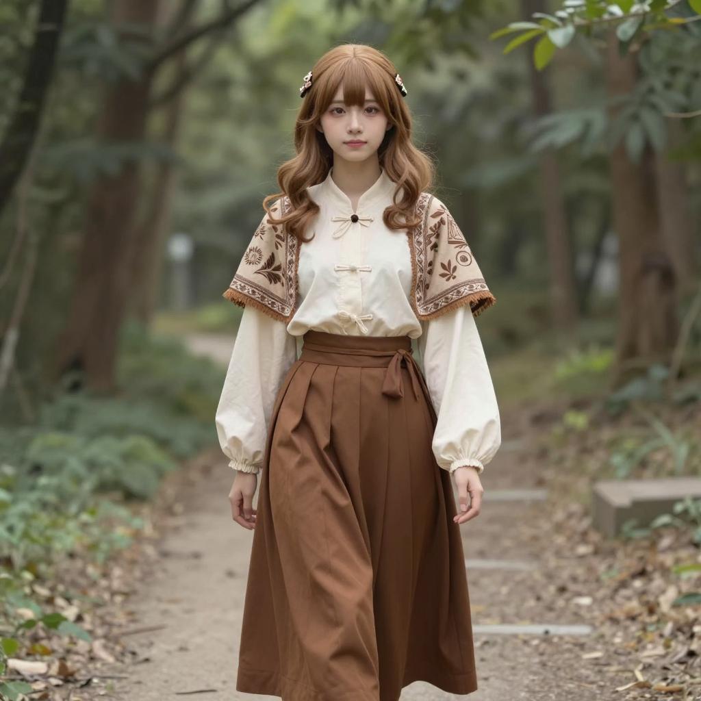 Young Woman in Vintage Style Walking on Forest Path