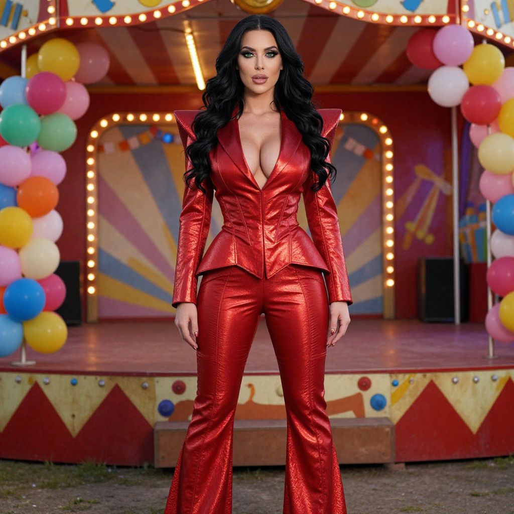 Confident Woman in Metallic Red Suit at Colorful Carnival