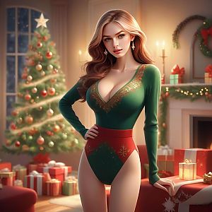 Confident Woman in Festive Holiday Outfit by Christmas Tree