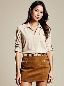 Woman Wearing Beige Business Casual Blouse with Gold Detail and Brown Suede Mini Skirt