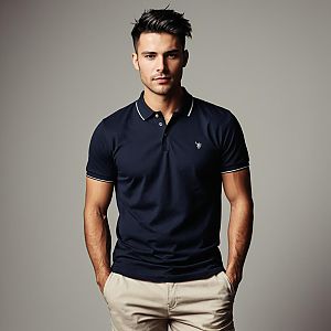 Confident Young Man in Navy Polo and Beige Pants