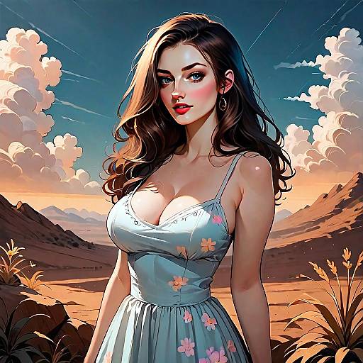 Portrait of a Woman in Floral Dress Against Desert Sunset in Anime Style