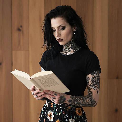 Tattooed Woman Reading Book with Floral Skirt and Black T-shirt