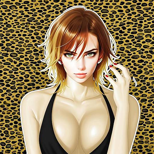 Anime Woman with Leopard Print Background and Black Halter Top Illustration