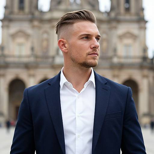 Young Man in Navy Blue Suit with Modern Hairstyle Outdoors