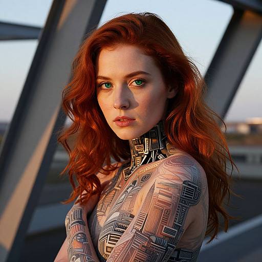 Cybernetic Red-Haired Woman with Futuristic Tattoos