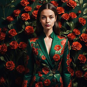 Confident Woman in Green Blazer with Red Roses