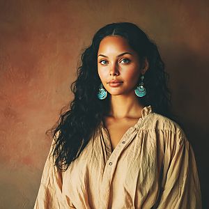 Woman with Curly Hair in Beige Blouse