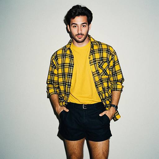Man in Yellow and Black Plaid Shirt with Yellow T-shirt and Black Shorts