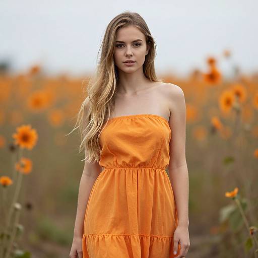 Young Woman in Orange Dress Standing in Flower Field