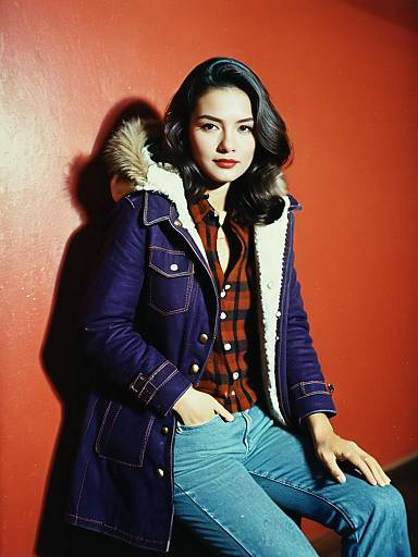 Woman in Dark Purple Knee-Length Faux Fur Parka with Plaid Shirt and Jeans