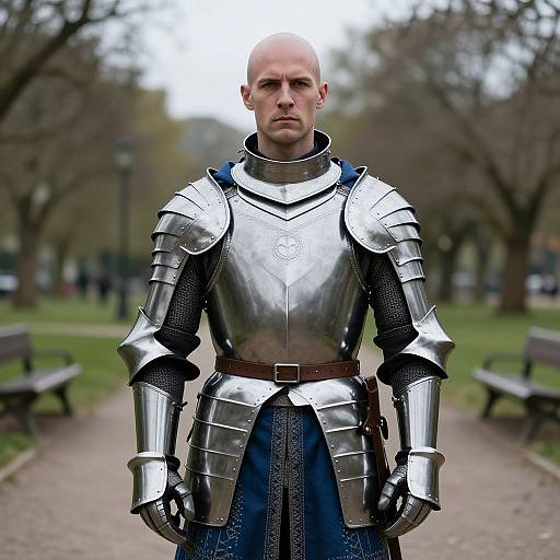 Medieval Knight in Full Plate Armor Outdoors in Park