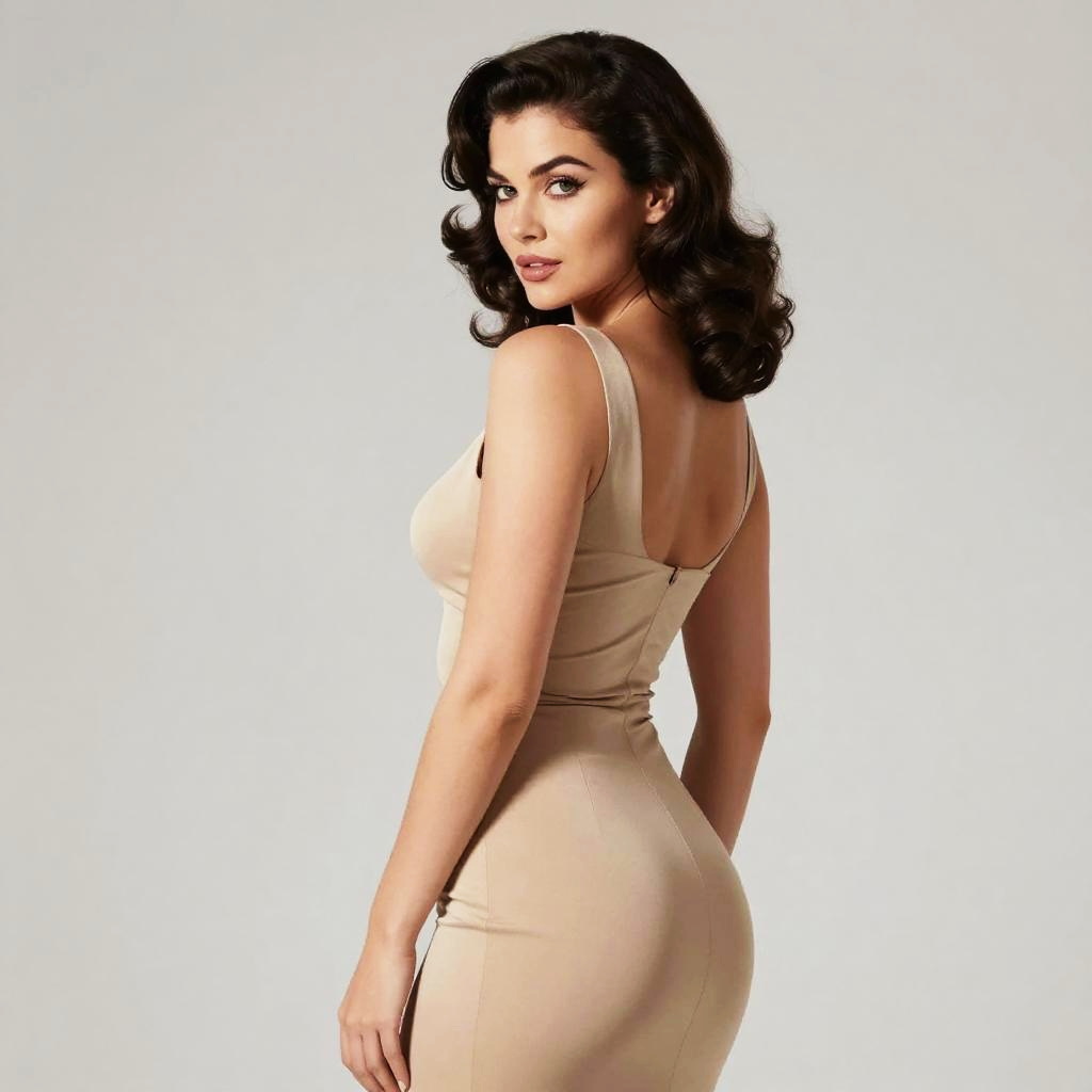 Elegant Woman in Beige Form-Fitting Dress with Vintage Hairstyle