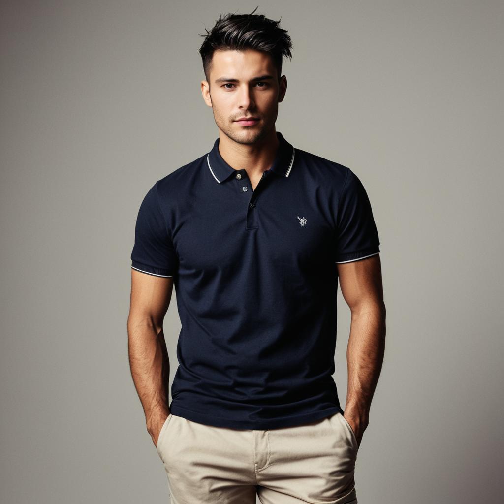 Confident Young Man in Navy Polo and Beige Pants Confident Young Man in Navy Polo and Beige Pants