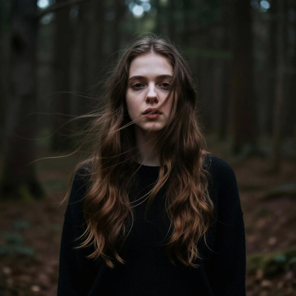 Portrait of Young Woman in Forest with Windblown Hair - Gen Z Style