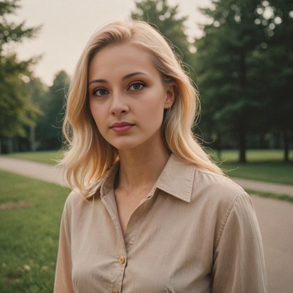 Petite Blonde Woman in Serene Outdoor Setting