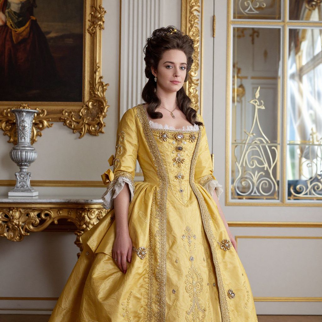 Elegant Woman in 18th Century Rococo Style Yellow Gown in Ornate Interior