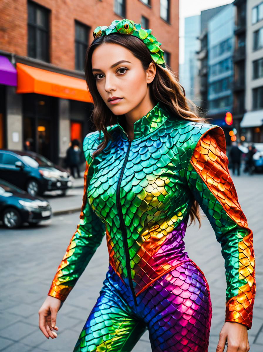 Woman in Colorful Chameleon Costume