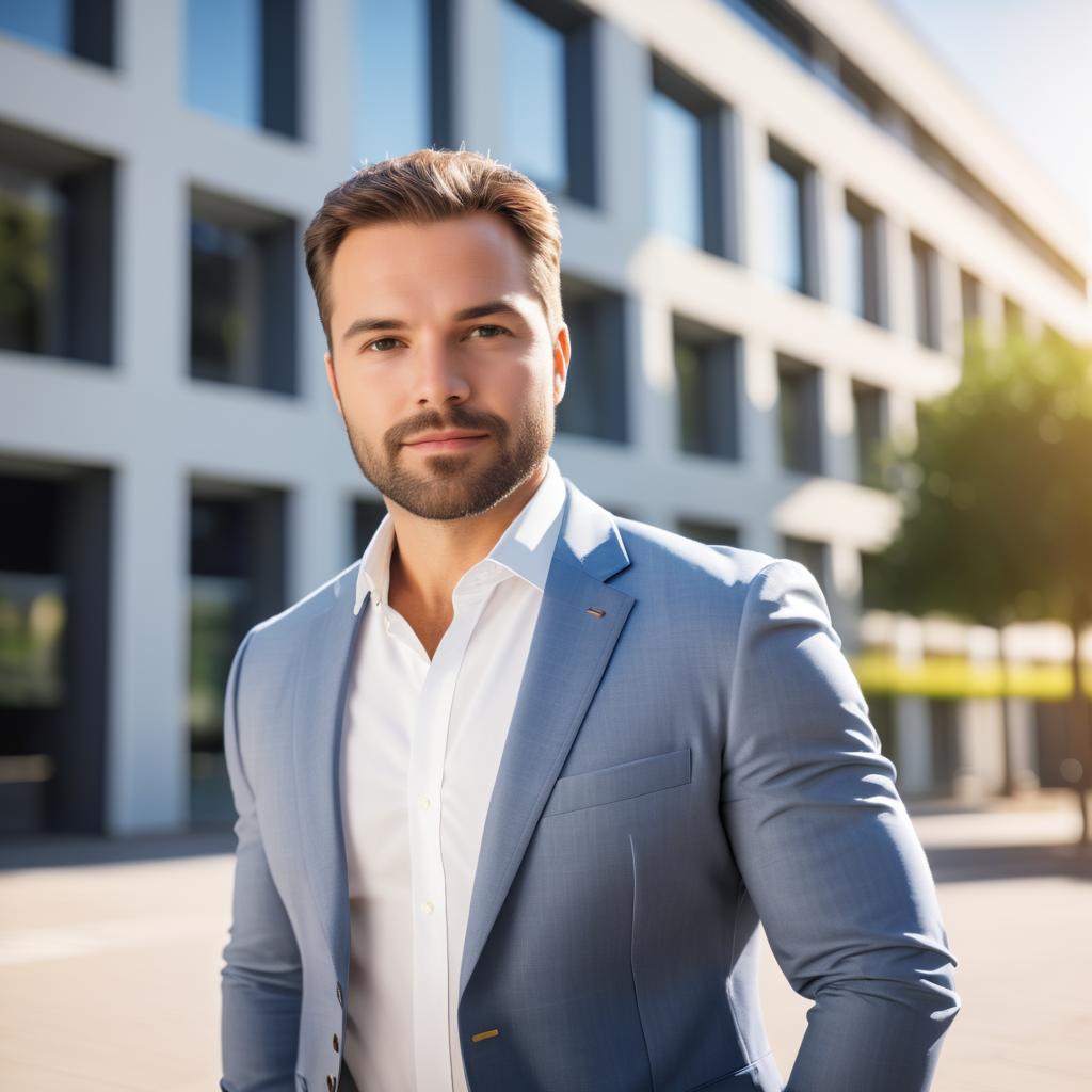 Confident man in light blue suit outside modern building