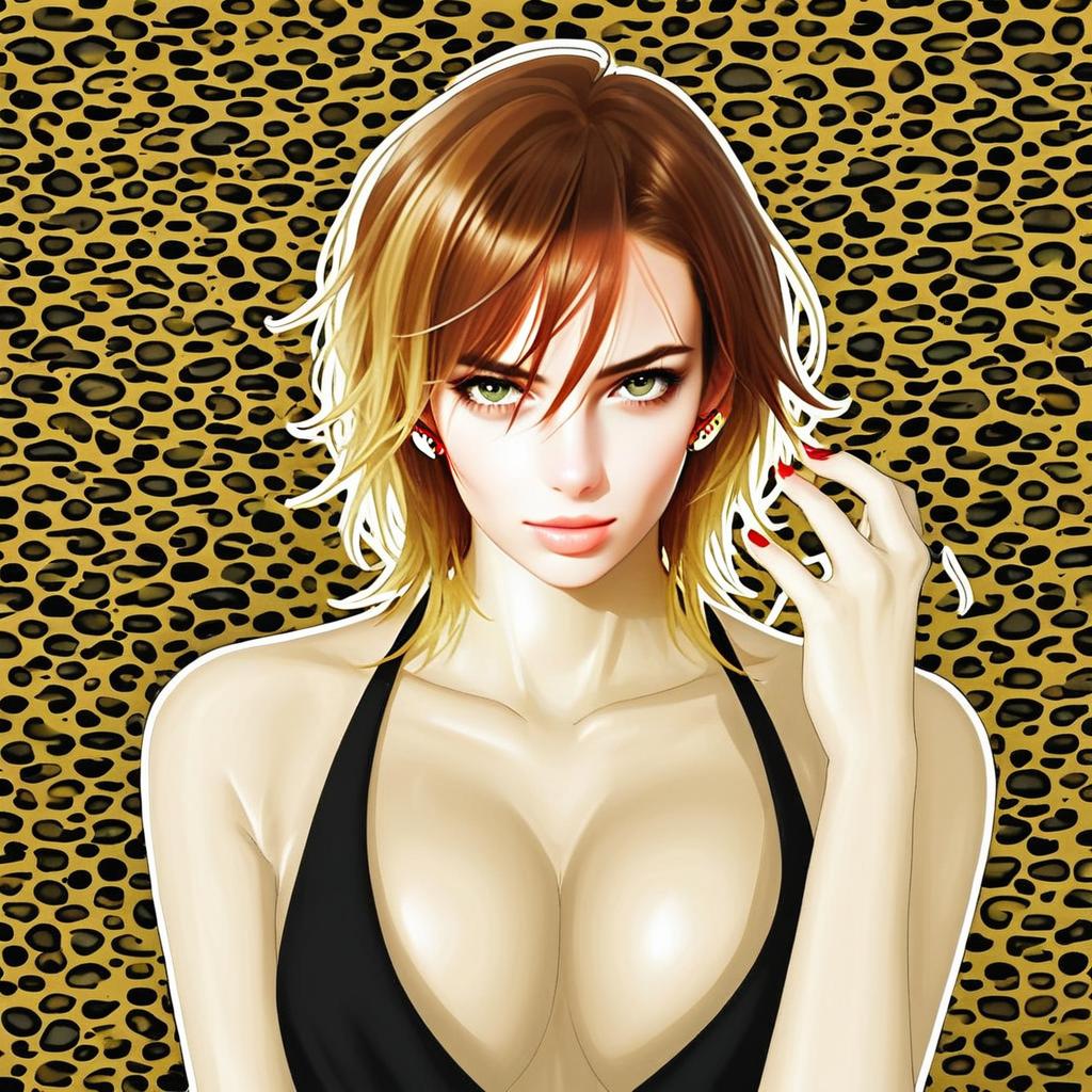 Anime Woman with Leopard Print Background and Black Halter Top Illustration