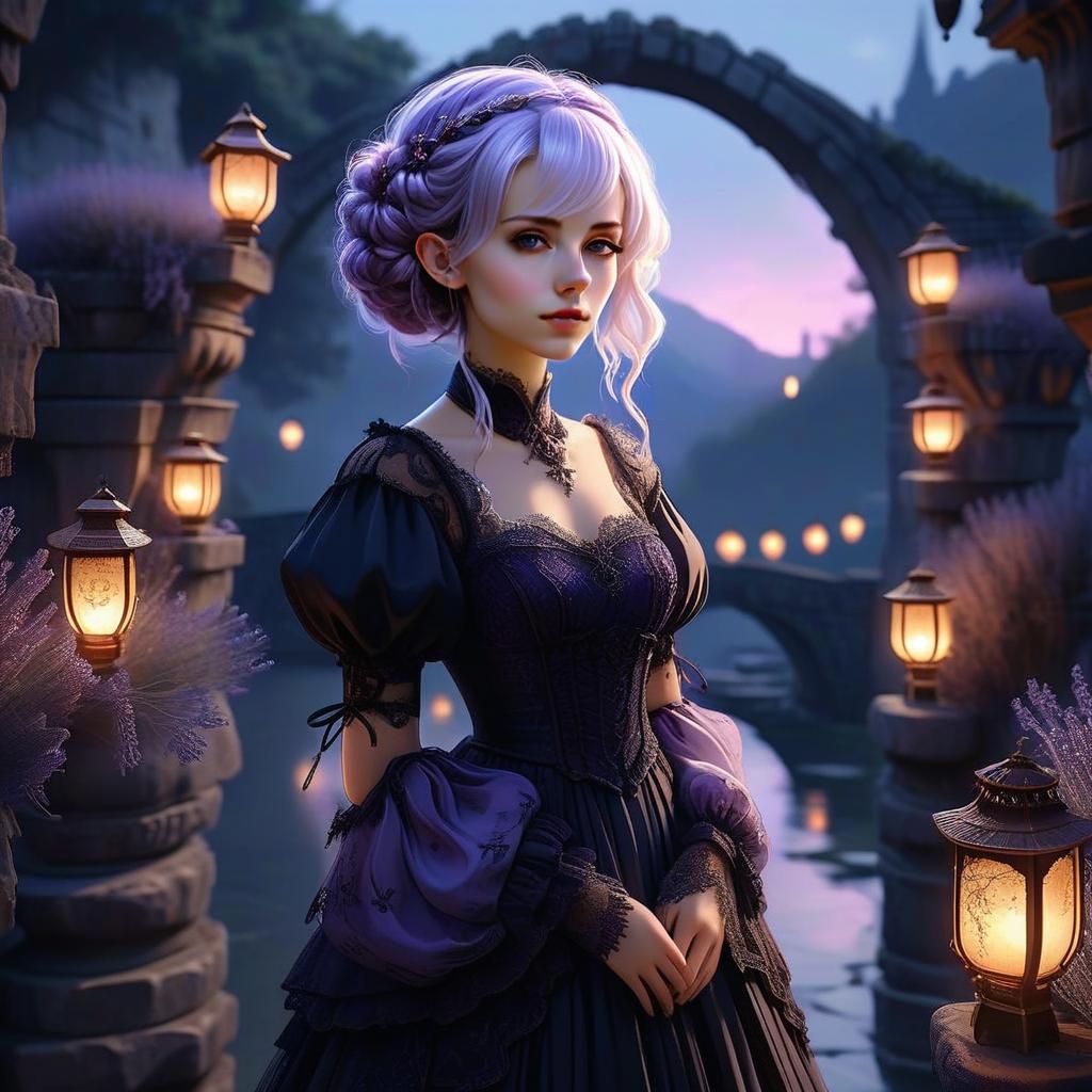 Elegant Woman in Victorian Gown by Stone Archway