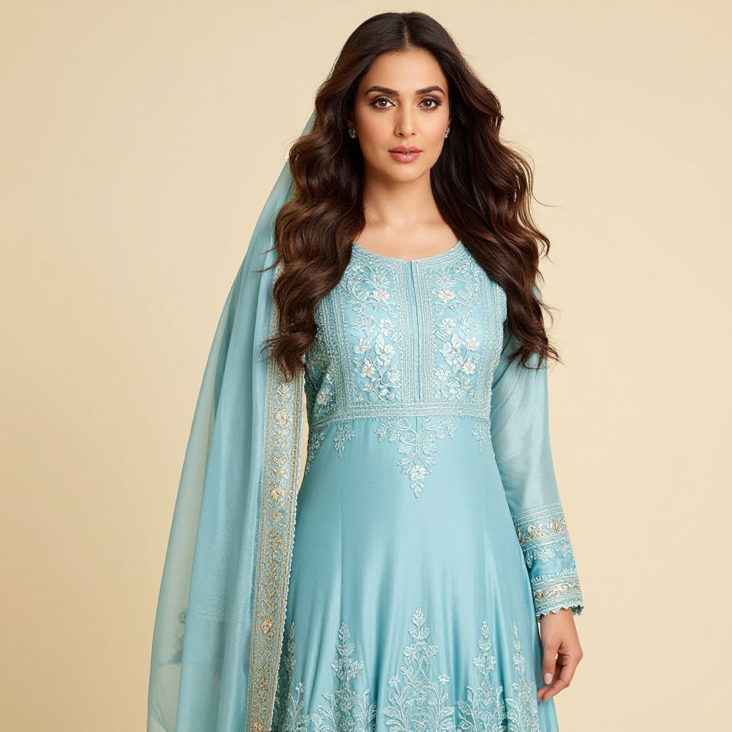 Traditional Blue Embroidered Women's Outfit with Dupatta