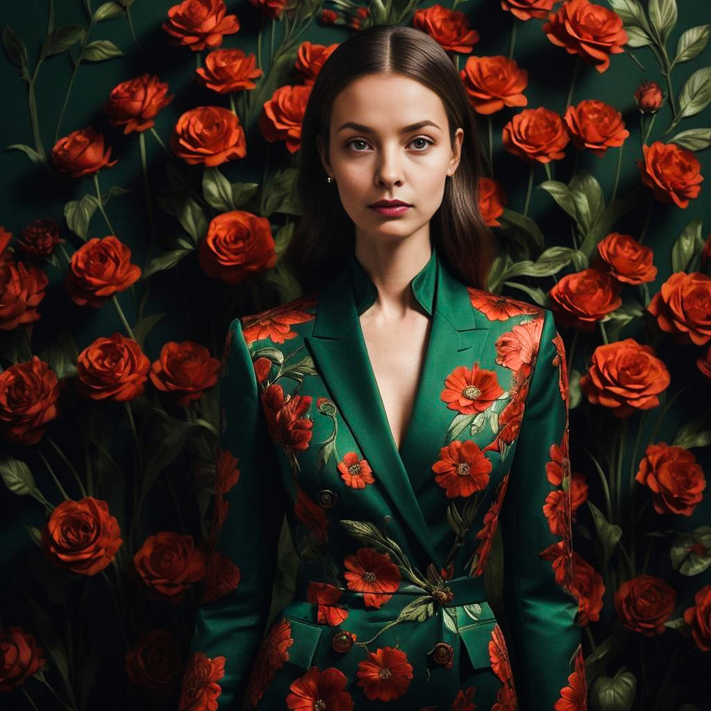 Confident Woman in Green Blazer with Red Roses Confident Woman in Green Blazer with Red Roses