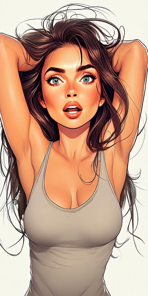 Digital Illustration of Surprised Woman with Flowing Hair in Grey Tank Top
