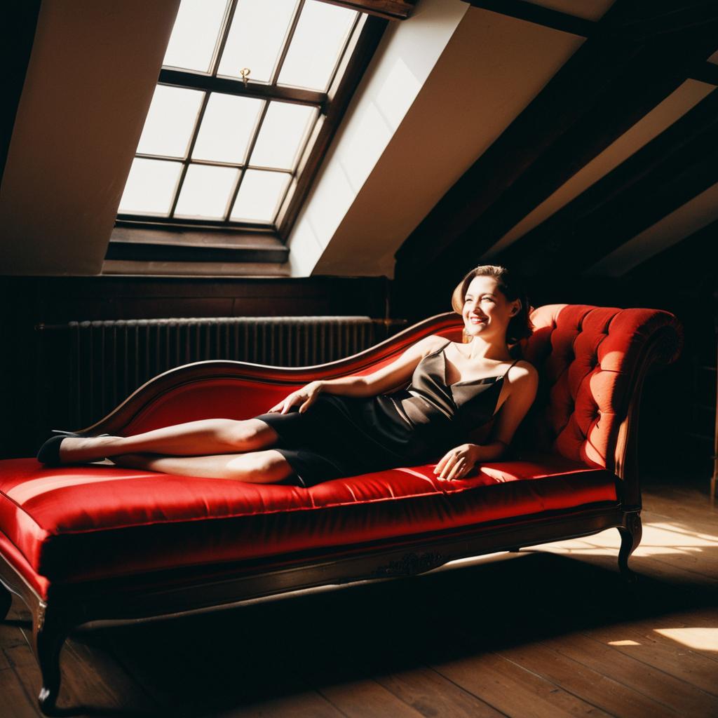 Woman in Black Dress on Vintage Chaise Longue