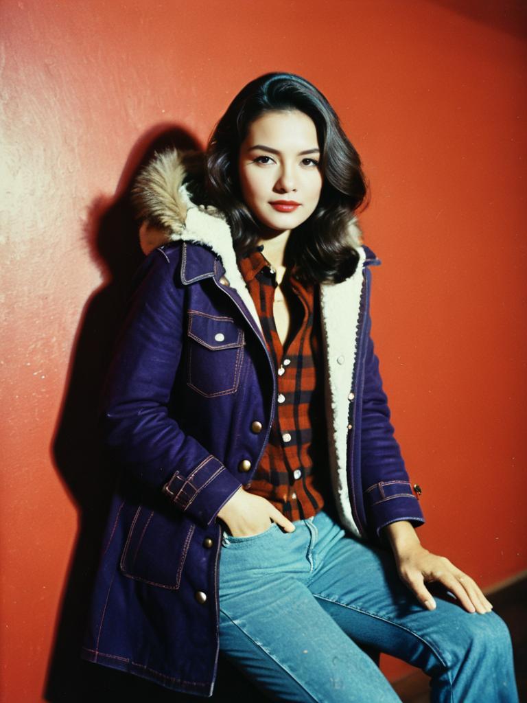 Woman in Dark Purple Knee-Length Faux Fur Parka with Plaid Shirt and Jeans