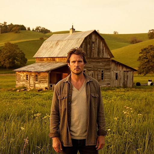 Man Standing by Rustic Barn in Green Countryside Field