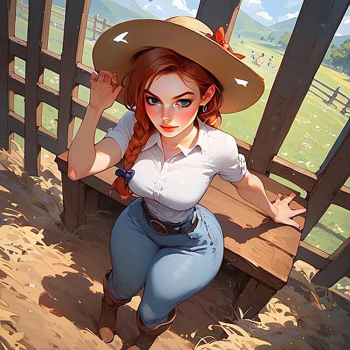 Anime Style Redhead Woman in Sunhat Sitting on Wooden Bench in Countryside