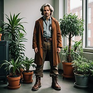 Confident man with potted plants in earthy tones