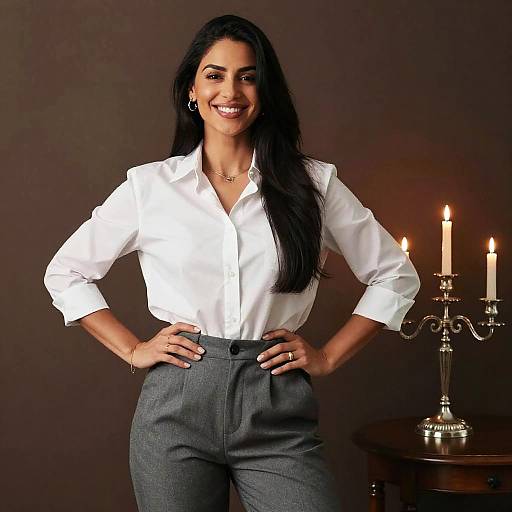 Confident Young Woman in White Shirt and Gray Pants with Candlelight Background