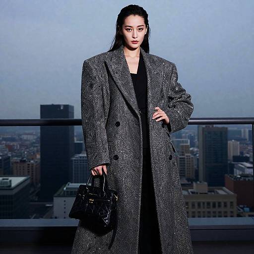 Young Woman in Oversized Grey Coat with Black Handbag Urban Fashion