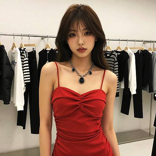 Stylish Woman in Red Dress Posing in Boutique Clothing Store